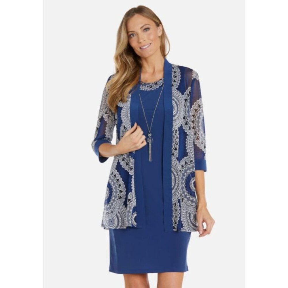 R&M Richards Two Piece Jacket and Dress Set Removable Necklace Blue 6 NEW